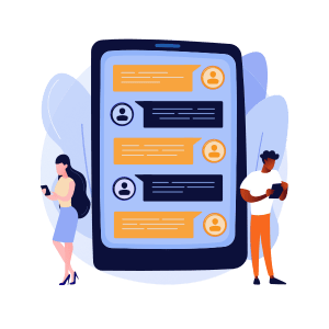 Two people looking at phones with large phone with messages displaying in the background - illustration